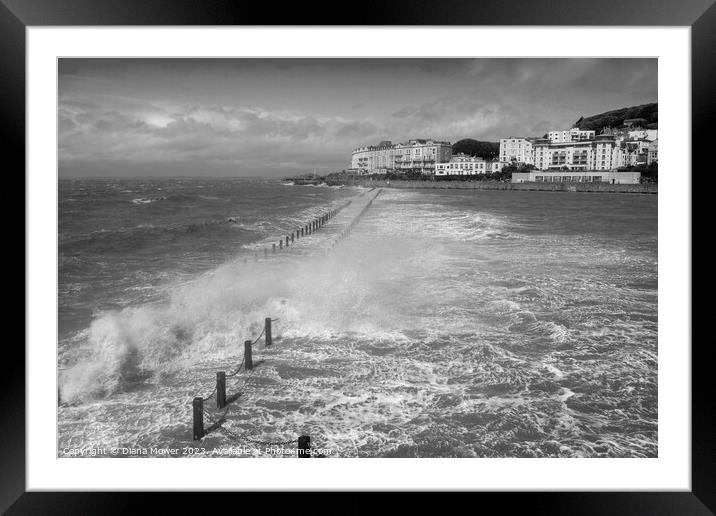 Weston Super Mare Rough Seas monochrome  Framed Mounted Print by Diana Mower