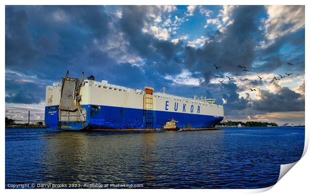 Eukor Container Ship in Savannah River Print by Darryl Brooks