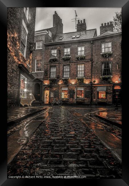 York street cobbles in the rain Framed Print by Richard Perks