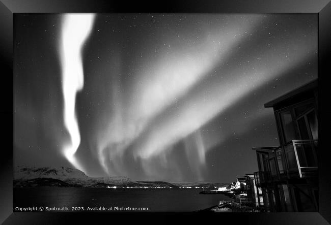 Northern Lights in night sky Norwegian Fjord Winter Framed Print by Spotmatik 