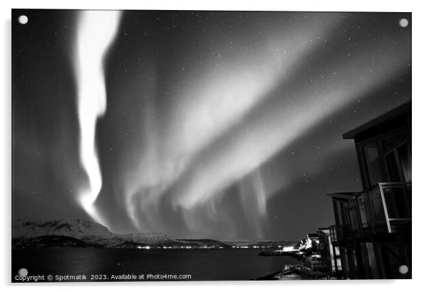 Northern Lights in night sky Norwegian Fjord Winter Acrylic by Spotmatik 
