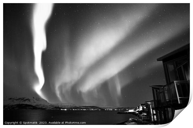 Northern Lights in night sky Norwegian Fjord Winter Print by Spotmatik 