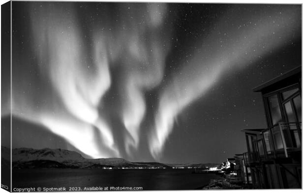Aurora borealis in Norwegian Fjord lake home Scandinavia Canvas Print by Spotmatik 