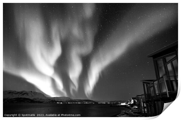 Aurora borealis in Norwegian Fjord lake home Scandinavia Print by Spotmatik 