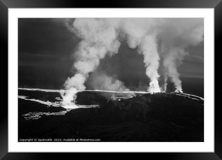 Aerial Iceland active molten lava flowing from fissures  Framed Mounted Print by Spotmatik 