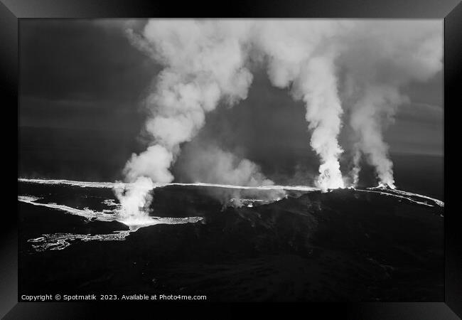 Aerial Iceland active molten lava flowing from fissures  Framed Print by Spotmatik 