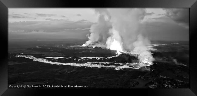 Aerial Panorama view Icelandic volcanic lava Holuhraun volcano  Framed Print by Spotmatik 