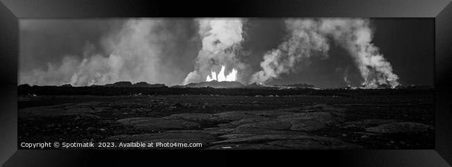 Aerial Panoramic view active volcanic erupting lava Iceland  Framed Print by Spotmatik 