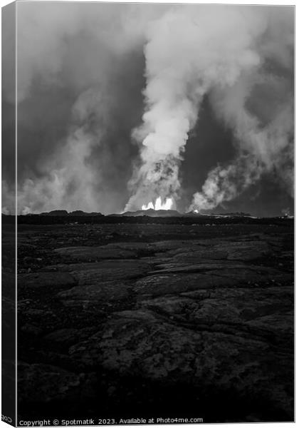Aerial view of Icelandic active volcanic fissure eruption Canvas Print by Spotmatik 