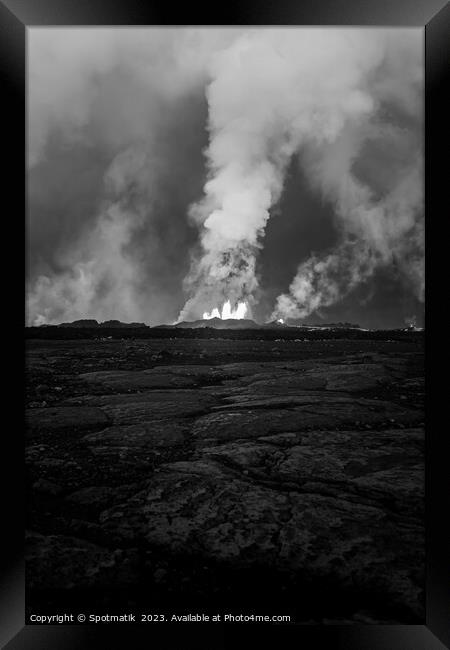 Aerial view of Icelandic active volcanic fissure eruption Framed Print by Spotmatik 