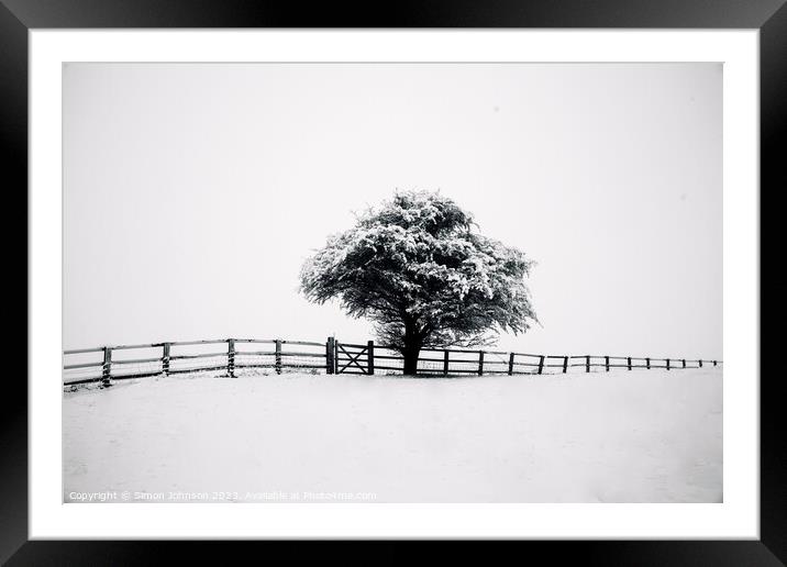 tree, snow and fence Framed Mounted Print by Simon Johnson