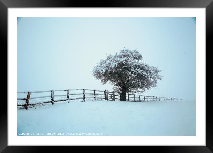 Frosted tree with fence in  snow Framed Mounted Print by Simon Johnson