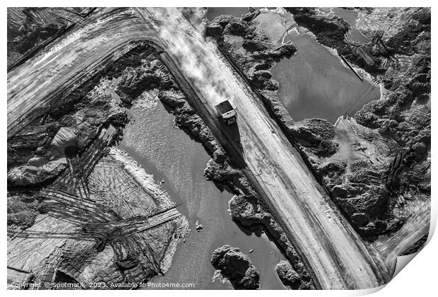 Aerial giant dump trucks Athabasca Tar sand site  Print by Spotmatik 