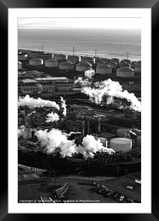 Aerial Pacific ocean view of Industrial refinery California Framed Mounted Print by Spotmatik 