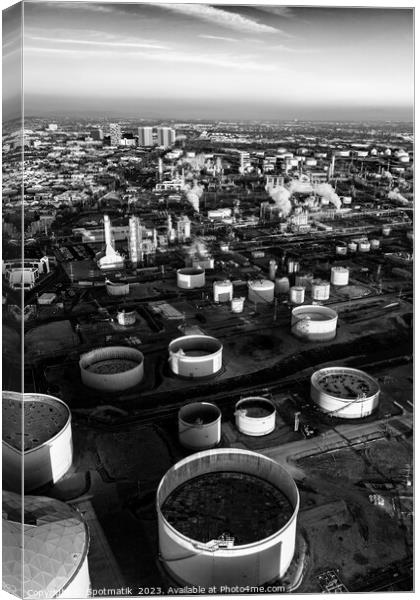 Aerial of Petrochemical Industrial storage facility California  Canvas Print by Spotmatik 