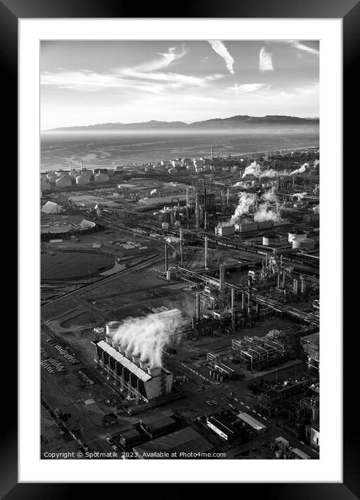 Aerial of Industrial Pacific coastal oil refinery California Framed Mounted Print by Spotmatik 