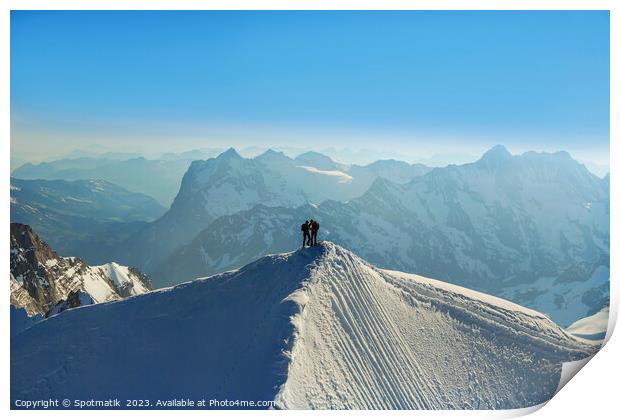 Aerial Switzerland two climbers on mountain summit Europe Print by Spotmatik 