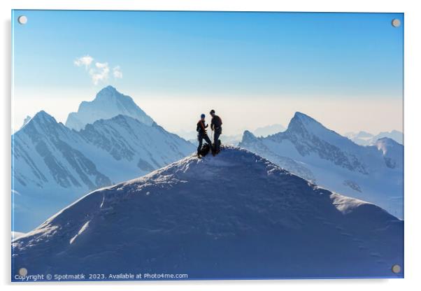 Aerial Switzerland two climbers on snow covered Peak Acrylic by Spotmatik 
