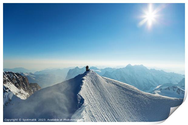 Aerial Switzerland mountaineers on snow covered Peak Europe Print by Spotmatik 