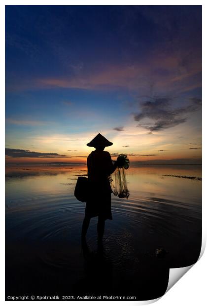 Balinese male fishing at sunrise Flores sea coastline  Print by Spotmatik 