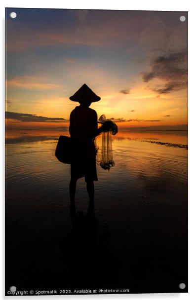 Silhouette Balinese male fishing Indonesian coastline at sunrise Acrylic by Spotmatik 