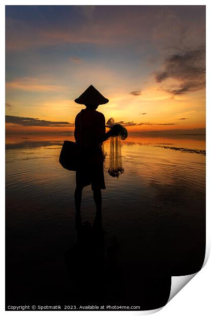 Silhouette Balinese male fishing Indonesian coastline at sunrise Print by Spotmatik 