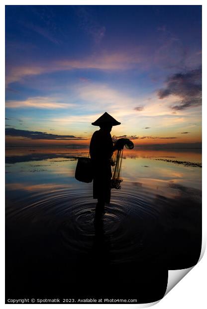 Sunrise Balinese male net fishing Flores sea coastline  Print by Spotmatik 