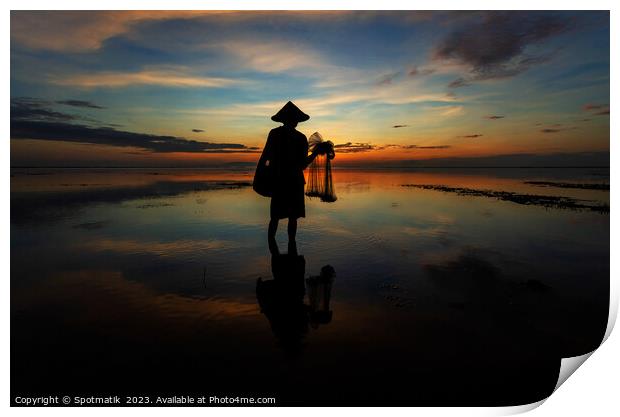 Silhouette Balinese male fishing Indonesian coastline at sunrise Print by Spotmatik 