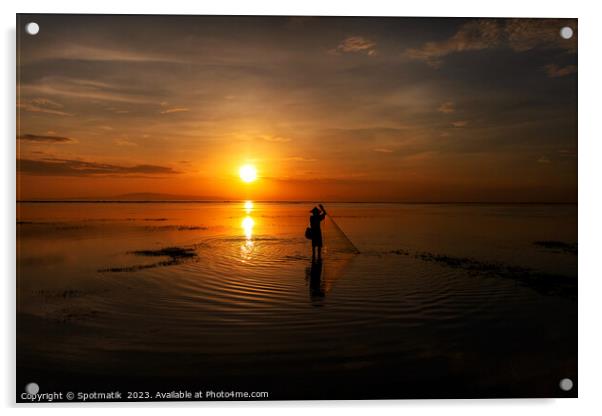 Silhouette Balinese sunrise fisherman casting net Flores sea Acrylic by Spotmatik 
