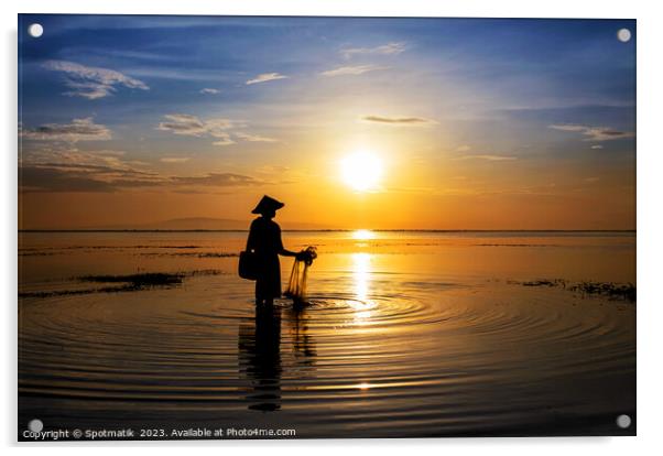 Balinese fisherman at sunrise in Silhouette fishing Asia Acrylic by Spotmatik 