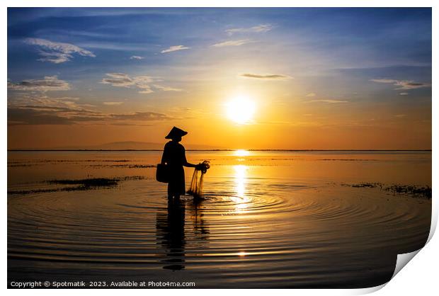 Balinese fisherman at sunrise in Silhouette fishing Asia Print by Spotmatik 