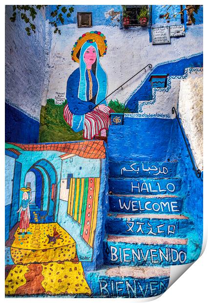 Colorful Graffiti on Moroccan houses in Morocco. Print by Maggie Bajada