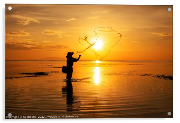 Sunrise Silhouette local Balinese fisherman casting his net  Acrylic by Spotmatik 