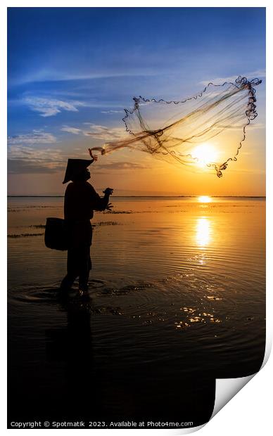 Indian ocean Balinese fisherman at sunrise fishing Indonesia Print by Spotmatik 