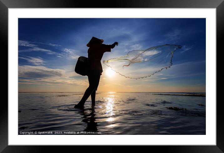 Indian ocean Balinese fisherman at sunrise fishing Indonesia Framed Mounted Print by Spotmatik 