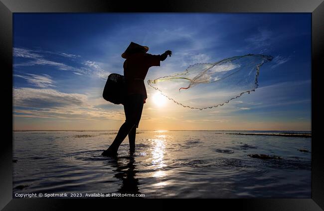 Indian ocean Balinese fisherman at sunrise fishing Indonesia Framed Print by Spotmatik 