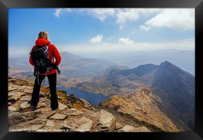 Snowdonia Wales Caucasian young female hiker Peak Outdoor Framed Print by Spotmatik 