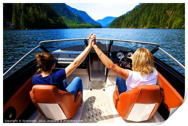 Vancouver Caucasian females out celebrating in powerboat Canada Print by Spotmatik 