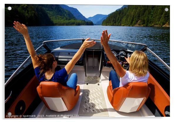 Female partners speeding across Vancouver mountain lake Acrylic by Spotmatik 