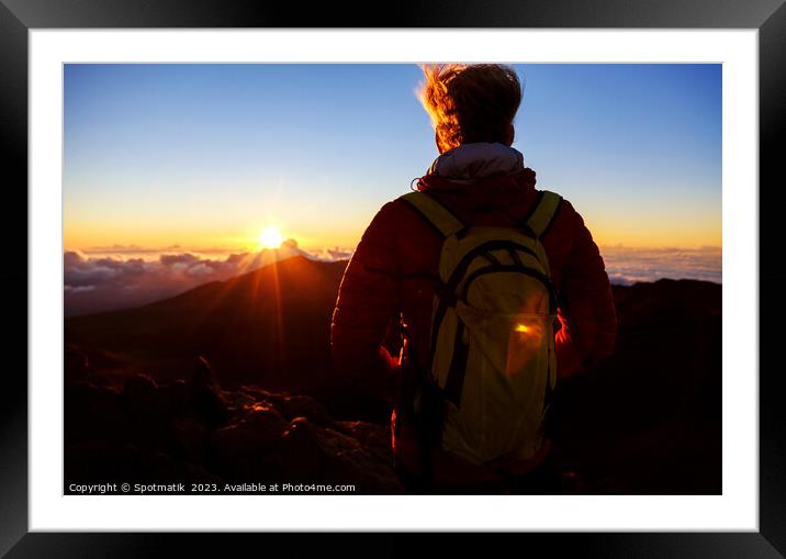 Haleakala volcano Maui female hiker watching sunrise Hawaii Framed Mounted Print by Spotmatik 