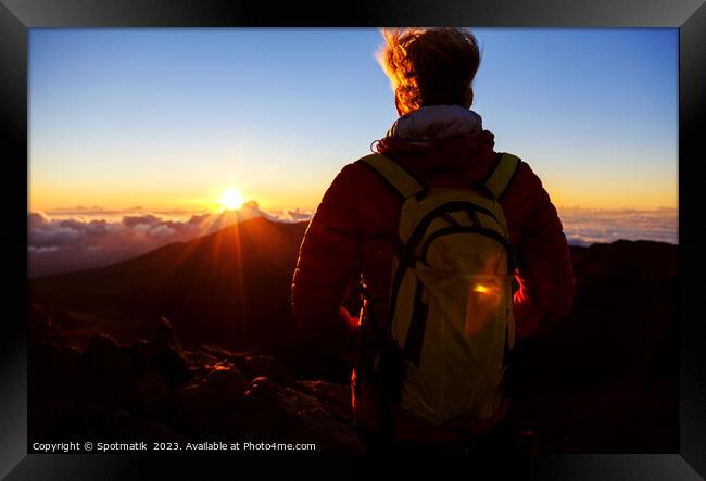 Haleakala volcano Maui female hiker watching sunrise Hawaii Framed Print by Spotmatik 