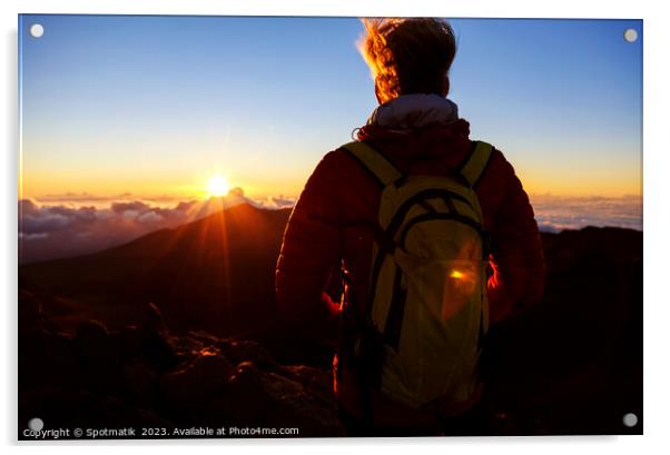 Haleakala volcano Maui female hiker watching sunrise Hawaii Acrylic by Spotmatik 
