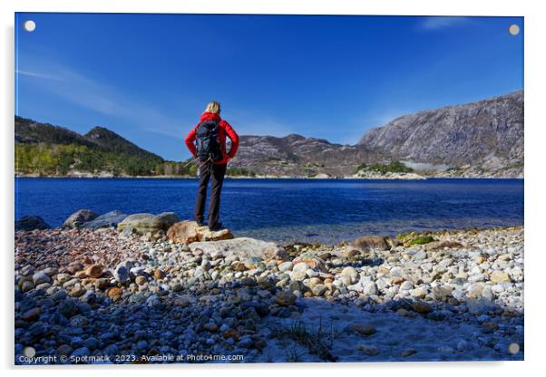 Norway female Hiker scenic beauty of Norwegian fjord  Acrylic by Spotmatik 