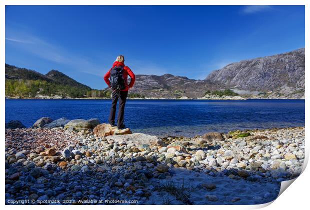 Norway female Hiker scenic beauty of Norwegian fjord  Print by Spotmatik 