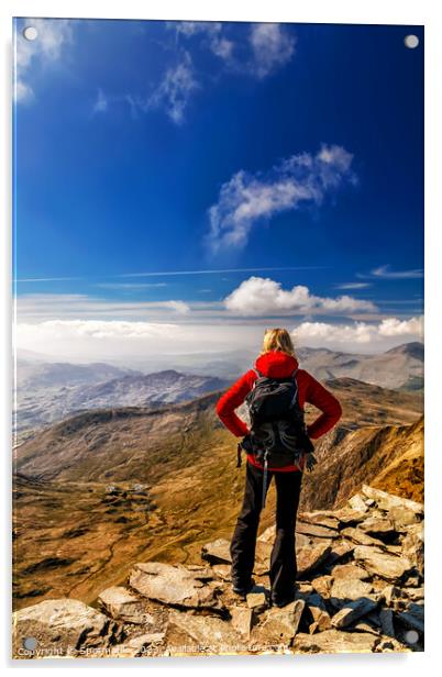 Young female hiker Hiking on mountain summit Wales Acrylic by Spotmatik 