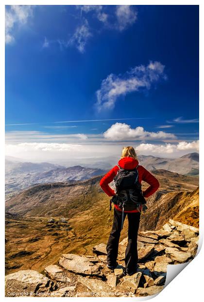Young female hiker Hiking on mountain summit Wales Print by Spotmatik 