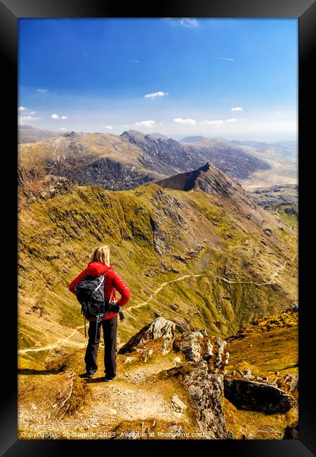 Snowdon scenic mountain scenery viewed by young female  Framed Print by Spotmatik 