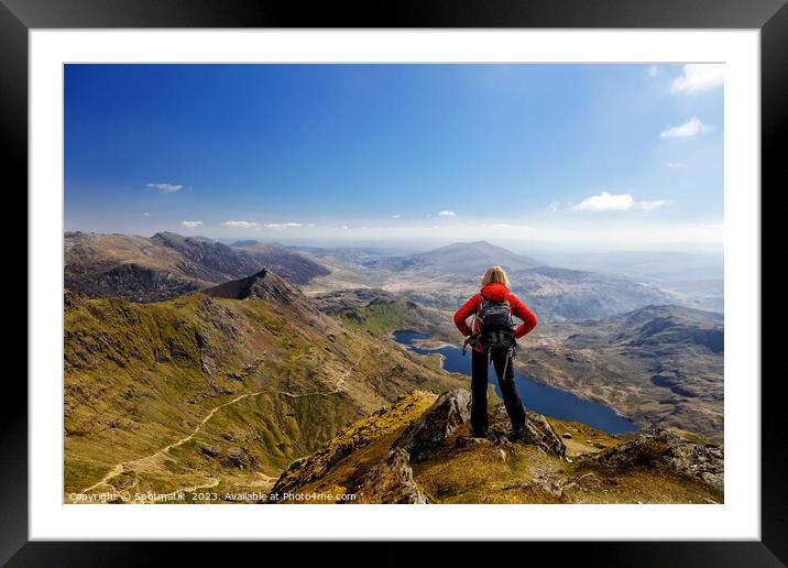 Mountain female on hiking vacation viewing freshwater lake  Framed Mounted Print by Spotmatik 