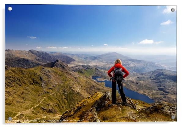 Mountain female on hiking vacation viewing freshwater lake  Acrylic by Spotmatik 