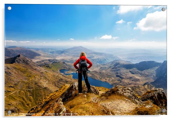Wales young Caucasian female hiker celebrating her achievement  Acrylic by Spotmatik 